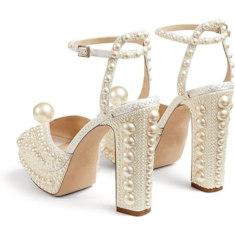 Goolita Womens Size 10.5 White Pearl Open Toe 5" Platform Heel Ankle Strap Shoes