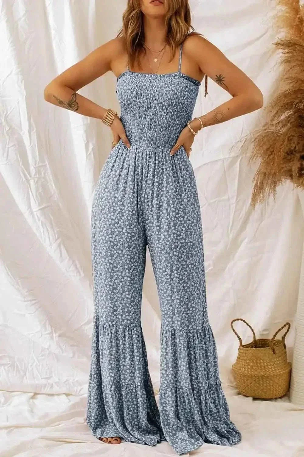 Smocked Printed : Wide Strap Jumpsuit