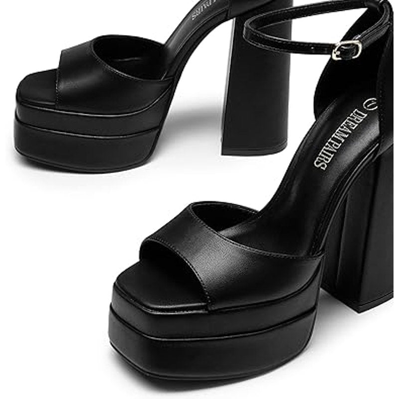 Dream Pairs Womens Size 10 Black Faux Leather 6" Platform Ankle Strap Heel Shoes