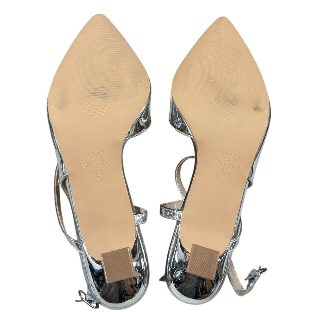 Lnsshee Womens Size 9 Shiny Silver 3" Low Kitten Heel Pointy Toe Slingback Shoes