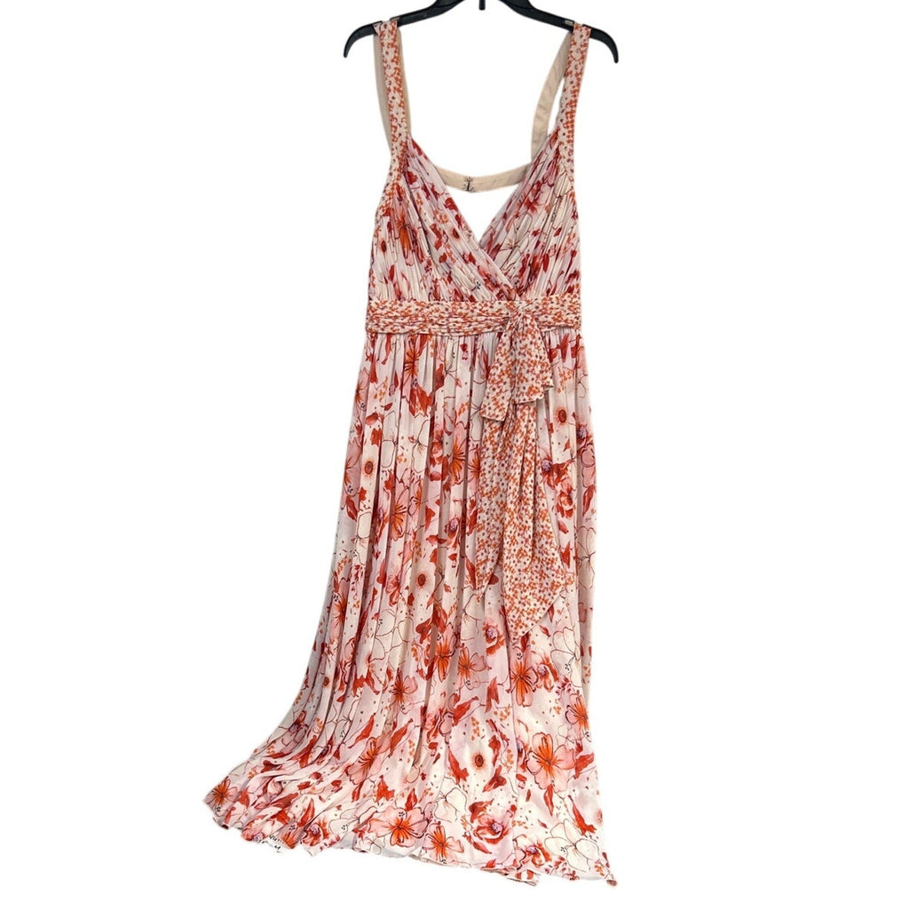 Badgley Mischka Size 16 Pink Floral Cris Cross Back Deep V Flowy Maxi Dress Gown