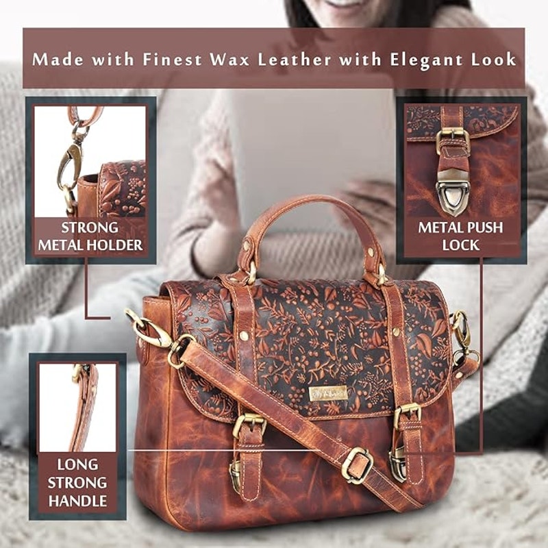 NWT New Valenchi Womens Brown Leather Floral Purse Crossbody Shoulder Bag