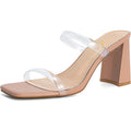 Athlefit Womens Size 7.5 Tan Open Toe Clear Strap 3.5" Heel Slip On Sandal Shoes