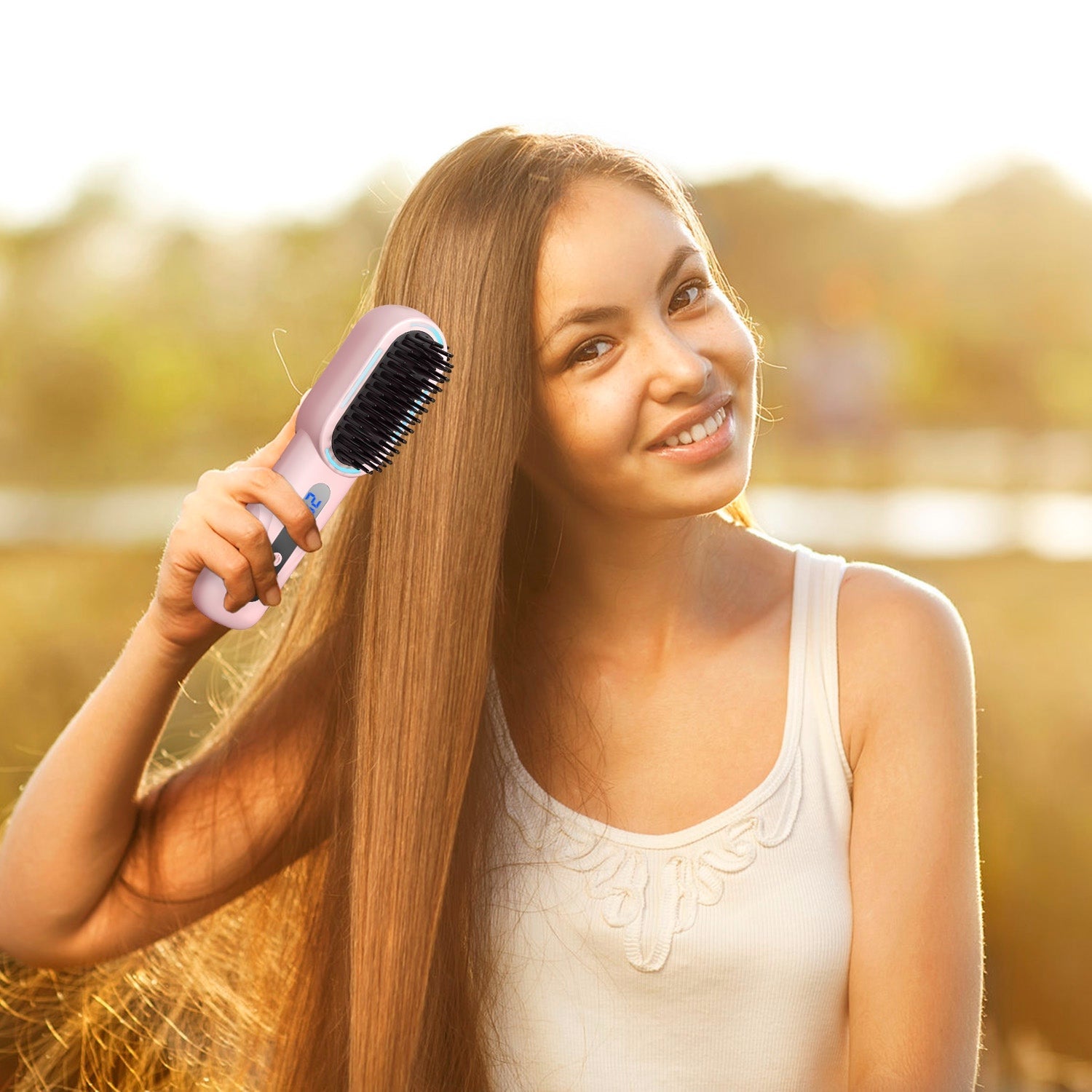 Cordless Hair Straightener Brush Rechargeable Mini Styling Comb with 4 Heating Levels Blue Light Sterilization Single press Stray Hair Removal 20Mins