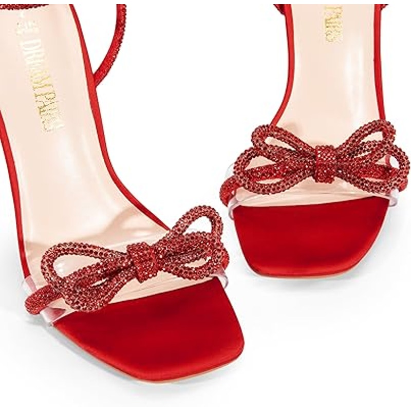 Dream Pairs Womens 9.5 Red Rhinestone Bow Clear Strap 4.5" Heel Open Toe Shoes