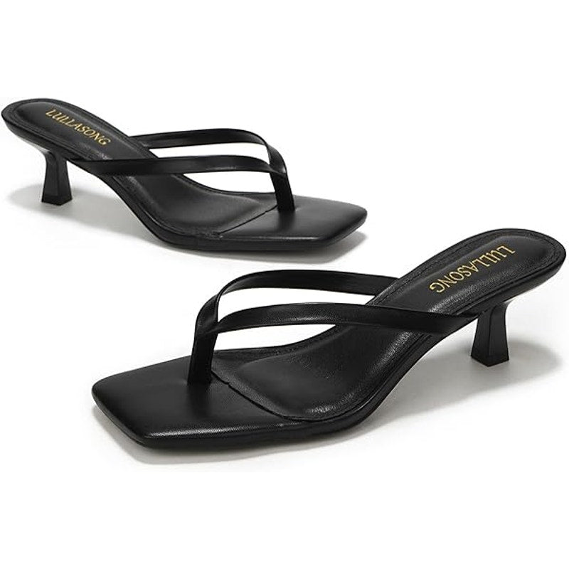 Lullasong Womens Size 7.5 Black Open Toe 2.5" Kitten Heel Slide On Sandal Shoes