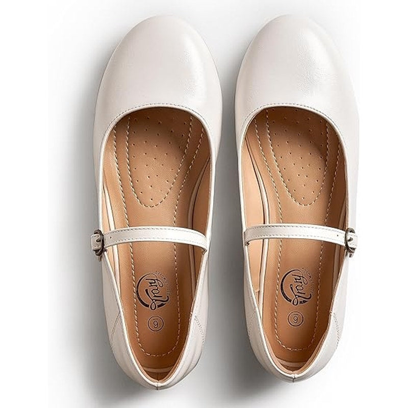 Trary Womens Size 8 White Flats Round Toe Buckle Strap Mary Jane Flat Shoes