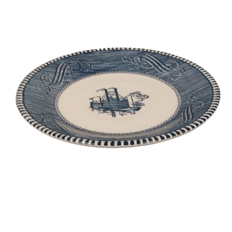 Vintage Ceramic Blue White Riverboat Small Round Dessert 6.25" China Plate