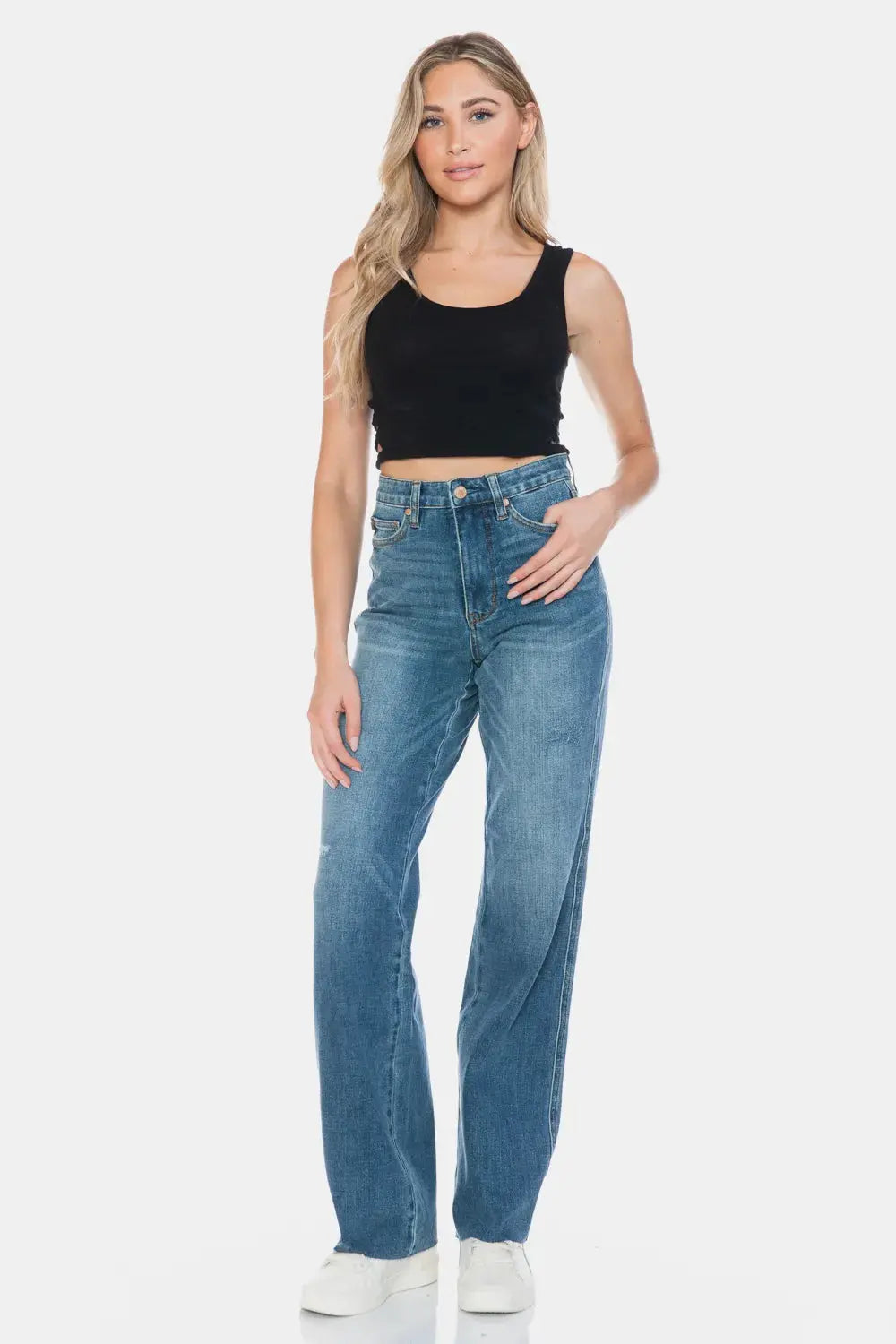 Full Size/Plus Size Tummy Control Cut Raw Hem Straight Judy Blue Jeans