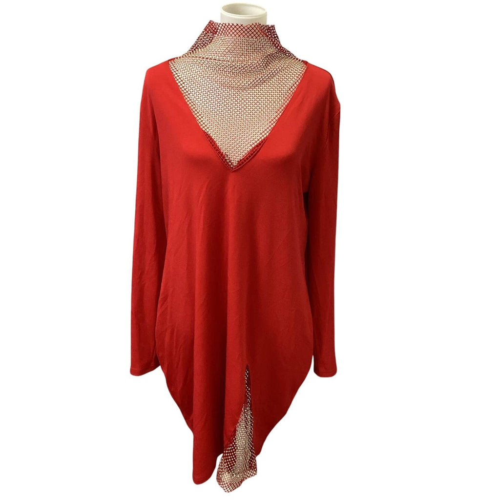 New Plus Wear Womens XXL Deep VNeck Red BodyCon Gold Mesh Long Sleeve Mini Dress