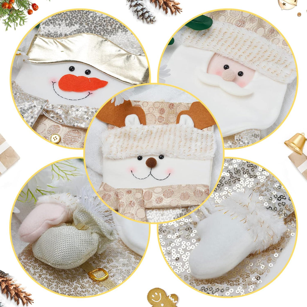 JR.WHITE Christmas Stocking Set, Large Christmas Stocking 18", Gold Sequin Christmas Stocking with Santa, Snowman, Reindeer, Christmas Stocking 3 Pack for Kids, Child, Girls