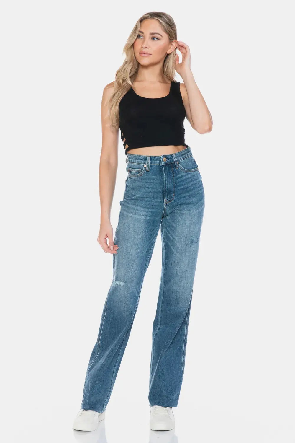 Full Size/Plus Size Tummy Control Cut Raw Hem Straight Judy Blue Jeans