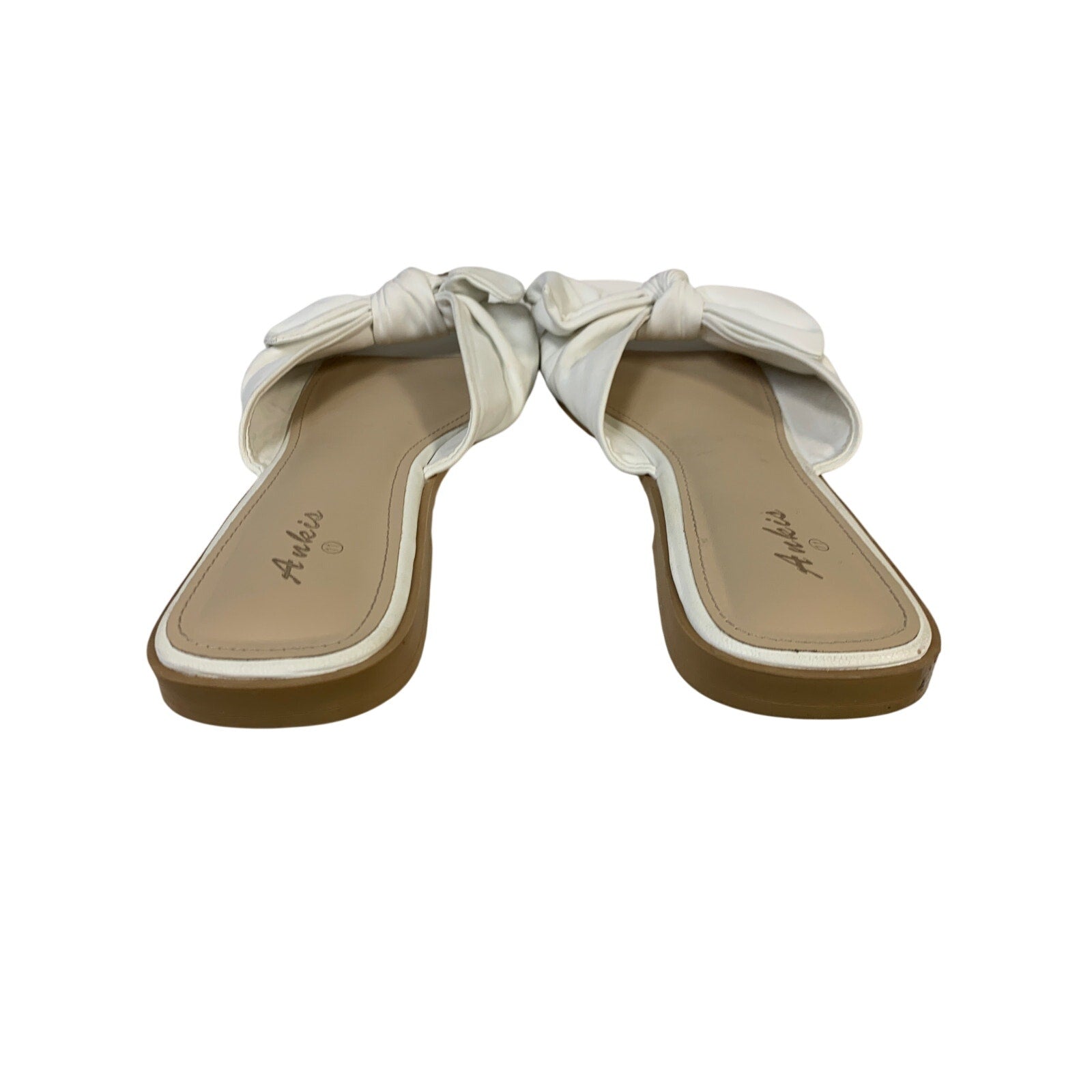 Ankis Womens Size 11 White Faux Leather Bow Flat Slip On Open Toe Sandal Shoes