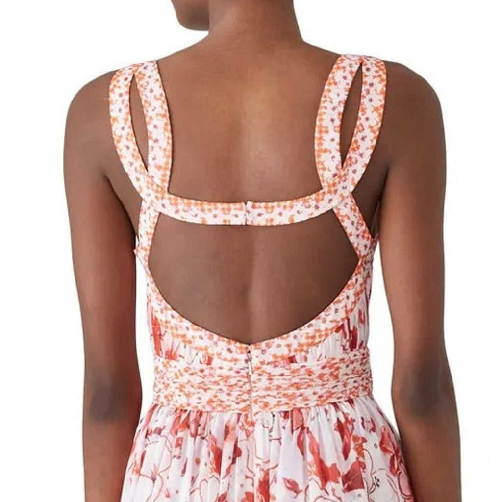 Badgley Mischka Size 16 Pink Floral Cris Cross Back Deep V Flowy Maxi Dress Gown