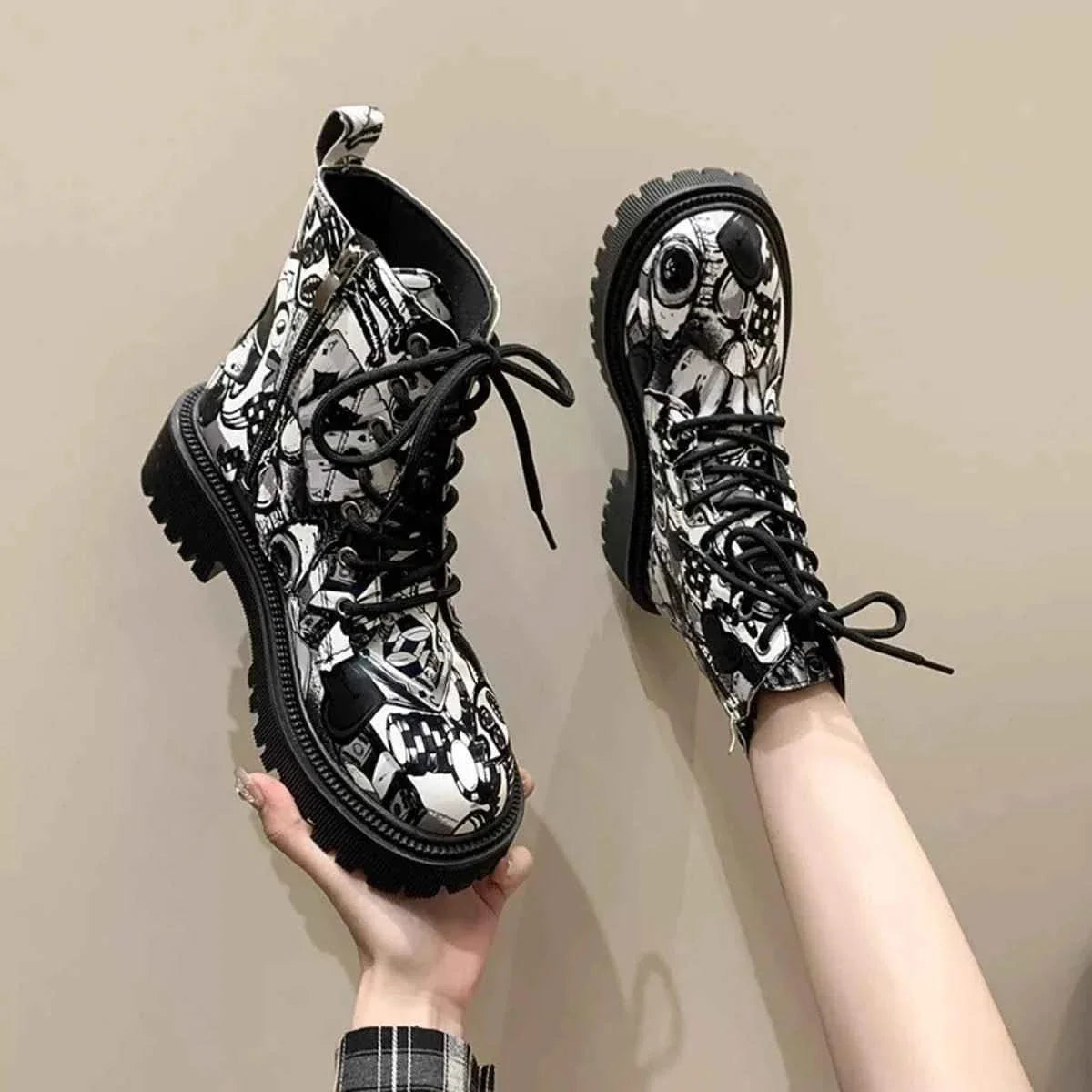 Graffiti Print Combat Boots : Colorful Street Art Design