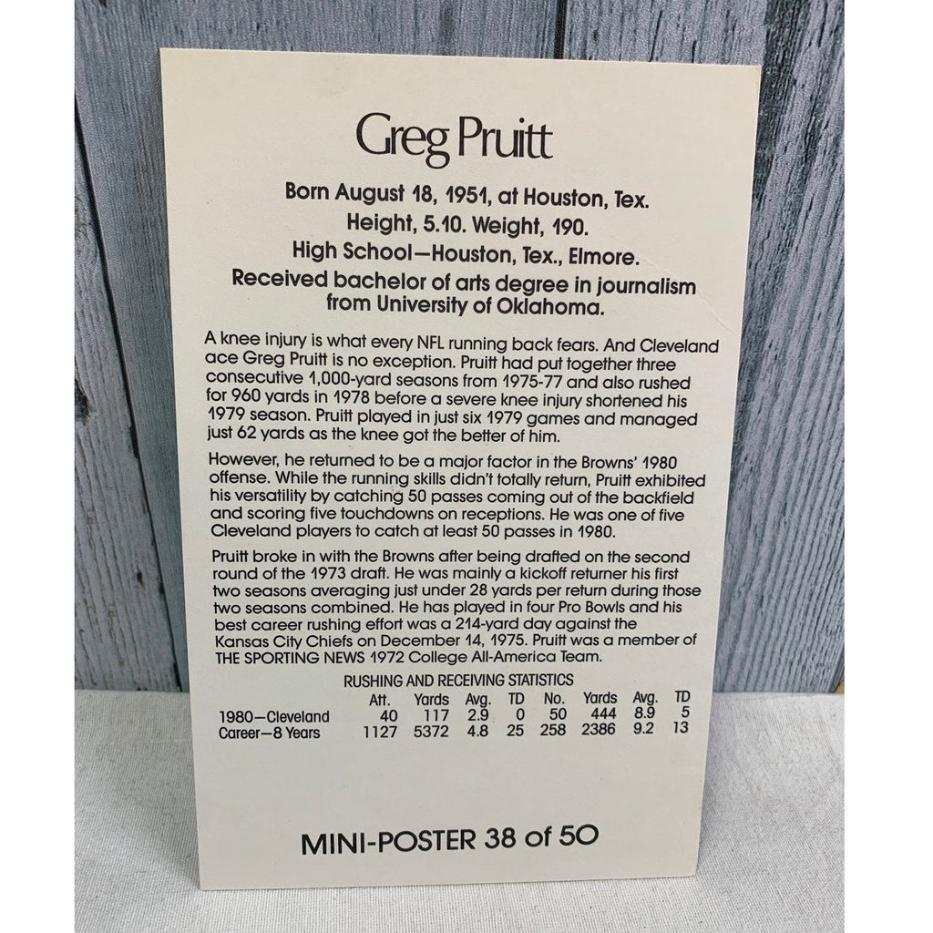 Vintage 1980s NFL Cleveland Greg Pruitt Mini Poster 38 of 50 Football Card