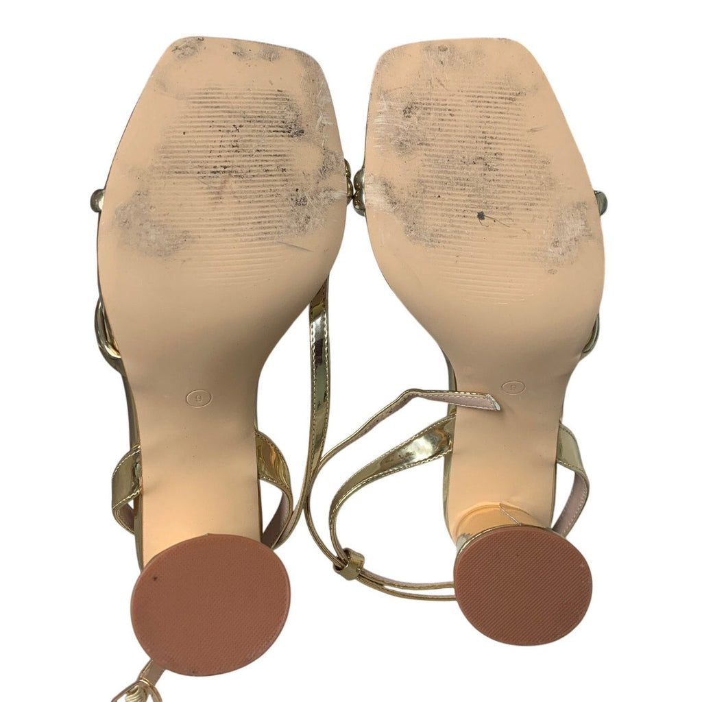 Ribongz Womens Size 9 Shiny Gold 4" Block Heel Open Toe Ankle Strap Sandal Shoes
