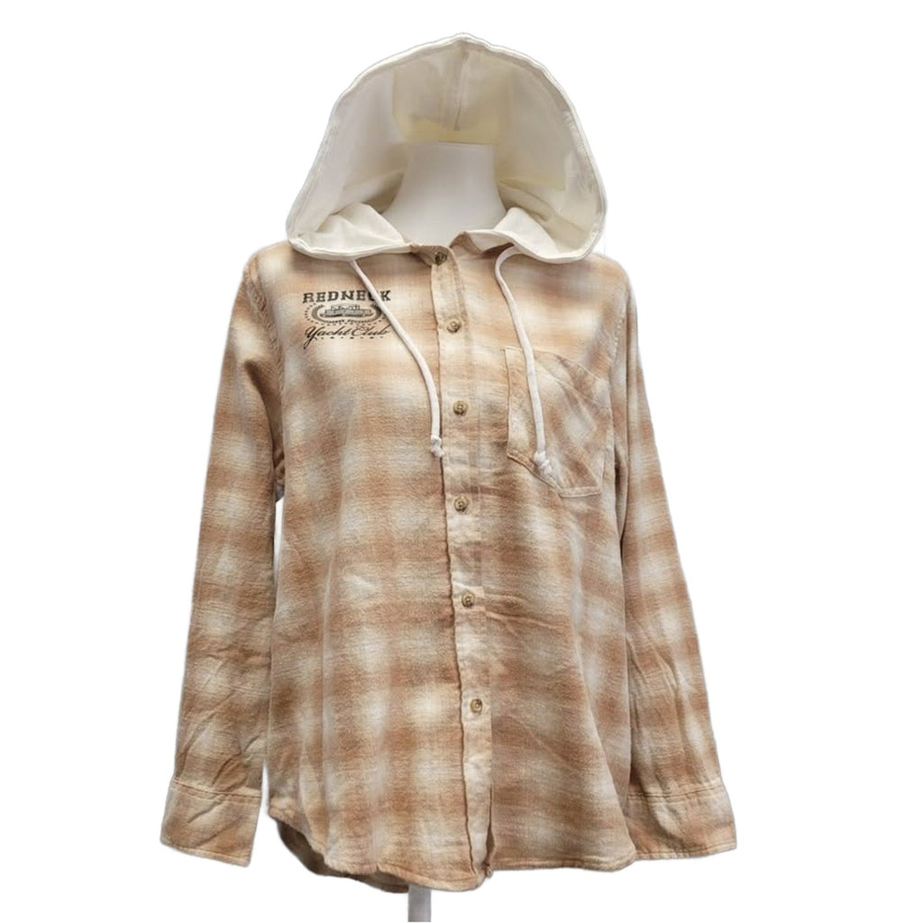 New Hand Printed Womens Medium Redneck Yacht Club Long Sleeve Flannel Hoodie