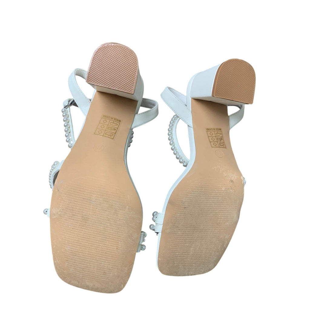 Shoe'N Tale Womens Size 7.5 Pearl White Ankle Strap 3" Block Heel Open Toe Shoes