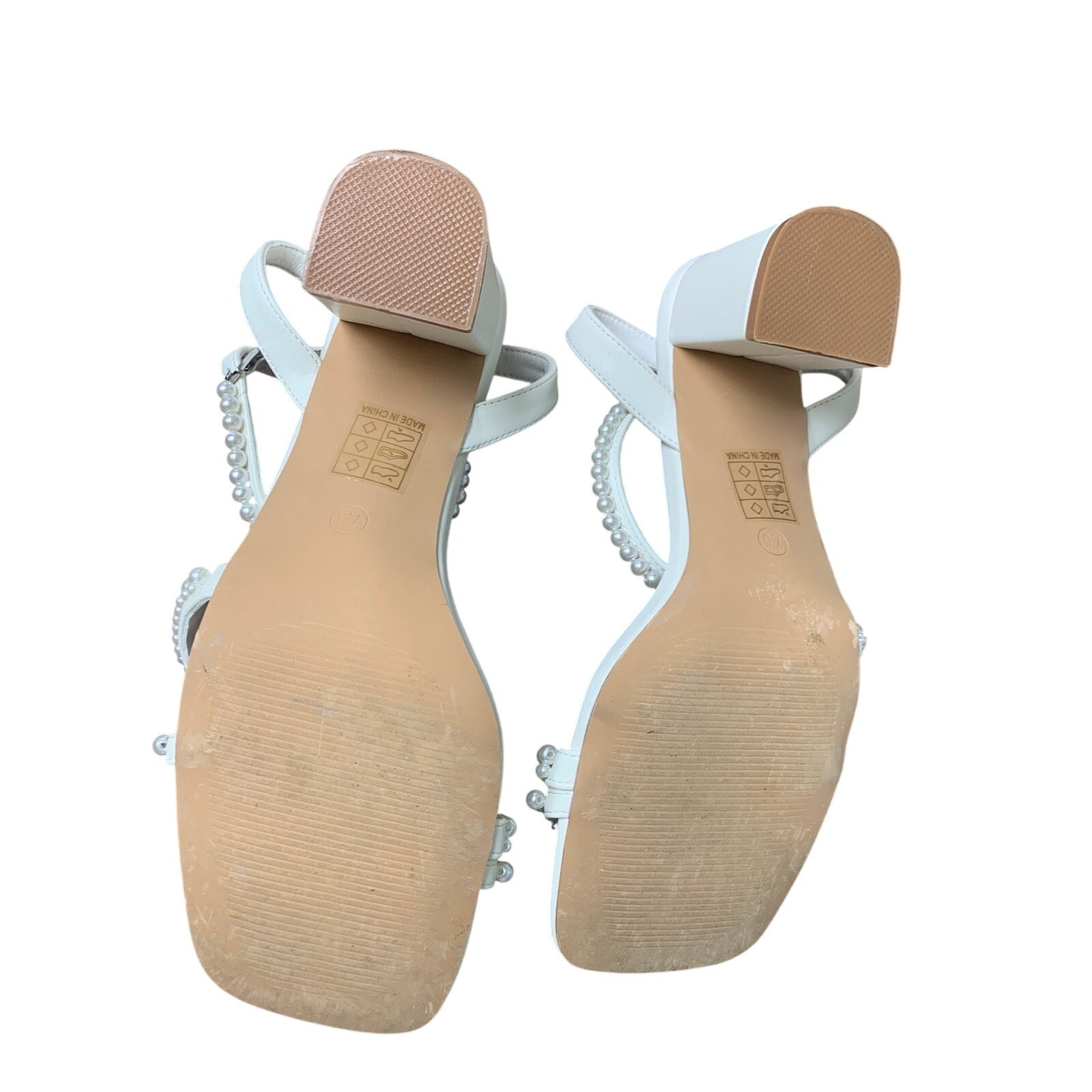 Shoe'N Tale Womens Size 7.5 Pearl White Ankle Strap 3" Block Heel Open Toe Shoes
