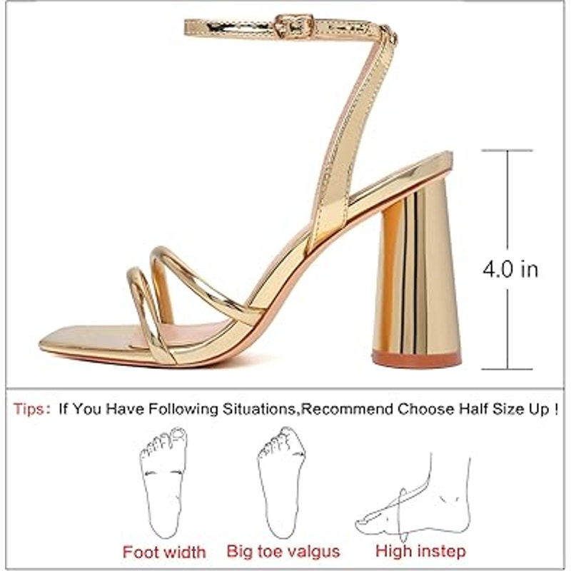 Ribongz Womens Size 6 Shiny Gold Open Toe 4" Chunky Heel Ankle Wrap Sandal Shoes