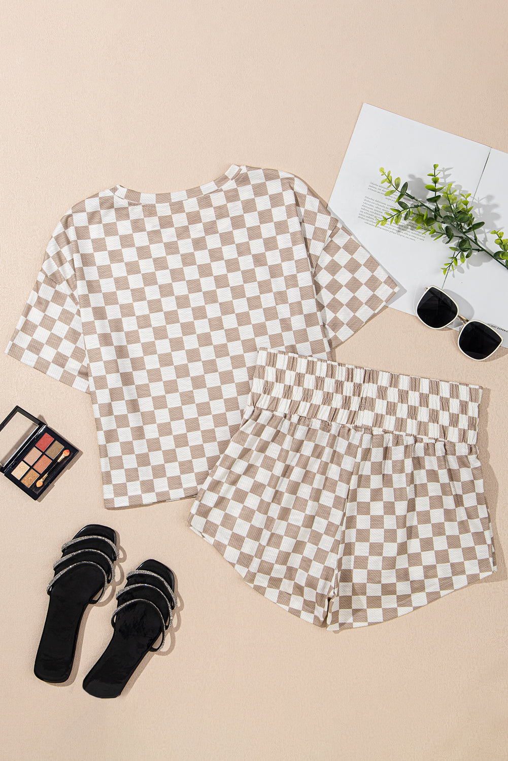 Luxury Checkerboard T Shirt and High Waist Skorts Set