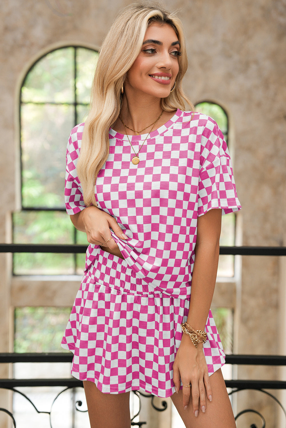 Luxury Checkerboard T Shirt and High Waist Skorts Set