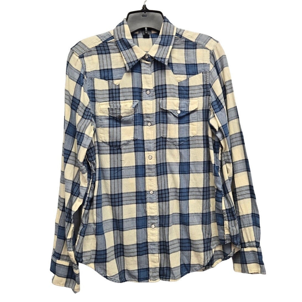 Chaps Mens Medium Cotton Long Sleeve Plaid Pearl Snap Up Shirt w Front Pocket