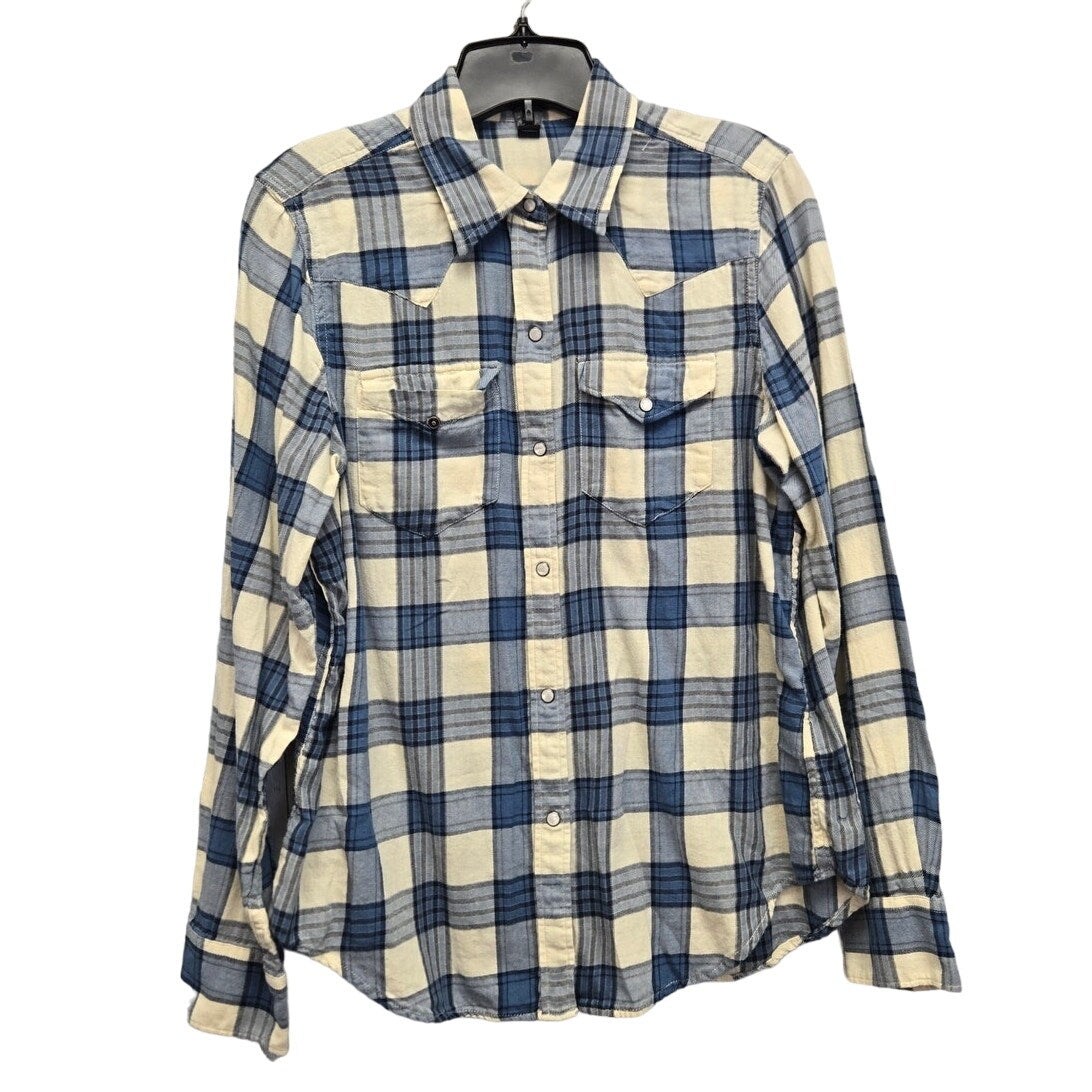 Chaps Mens Medium Cotton Long Sleeve Plaid Pearl Snap Up Shirt w Front Pocket