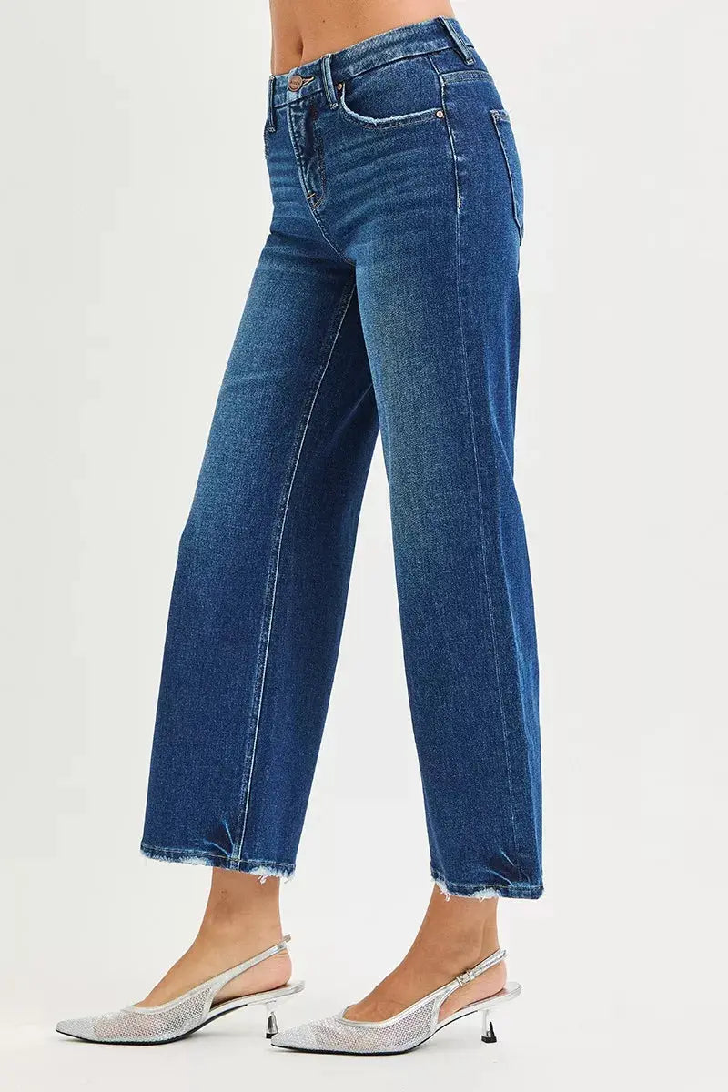 RISEN Jeans - High Rise Crop Wide Leg Jeans with Tummy Control 4 Way Stretch