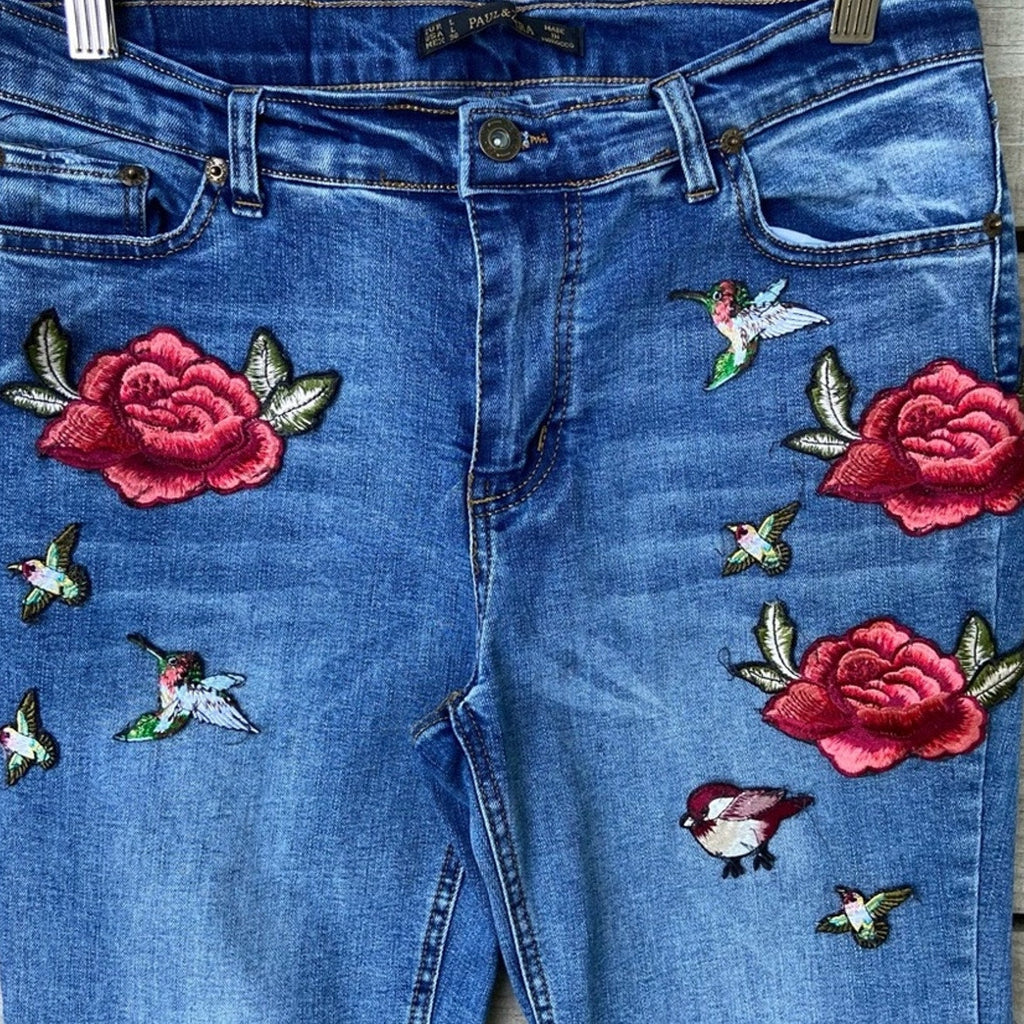 Paul & Zera Womens Large (8) Boho Hummingbird Floral Patches Denim Blue Jeans