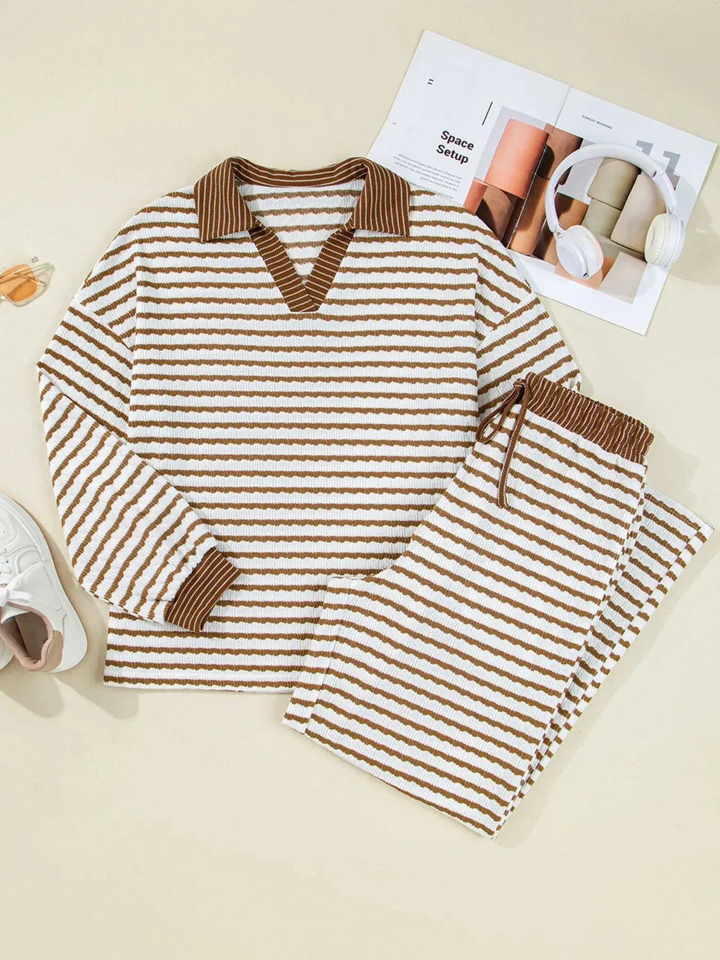 Stripe Collared Top and Drawstring Pant Loungewear Set