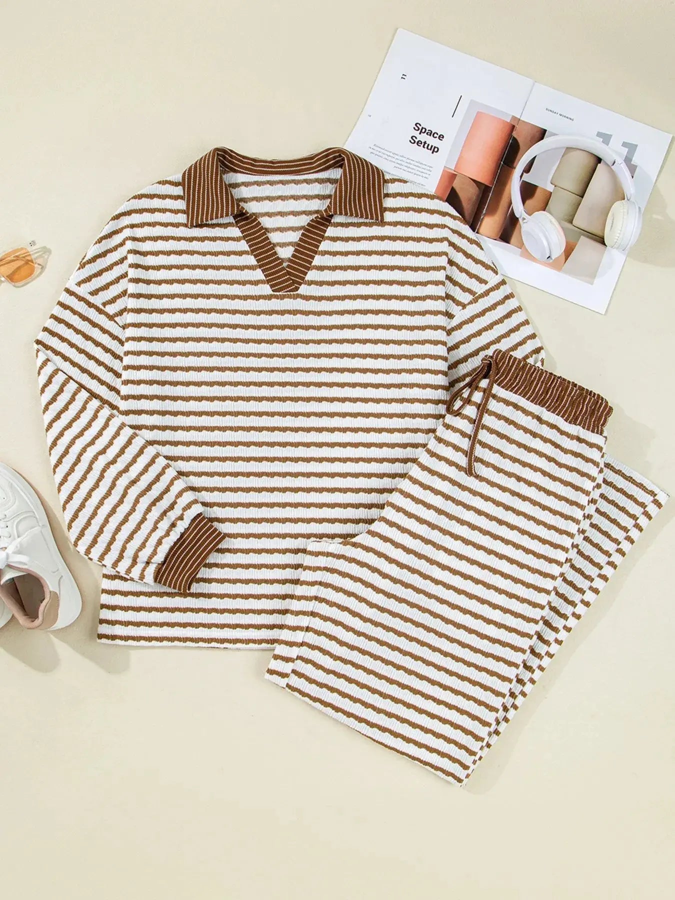 Stripe Collared Top and Drawstring Pant Loungewear Set