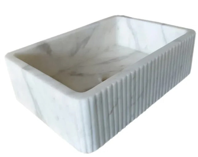 Carrara White Marble Wall Mount Sink | Luxury Bathroom Vanity Basin | Ribbed Textured Stone Sink