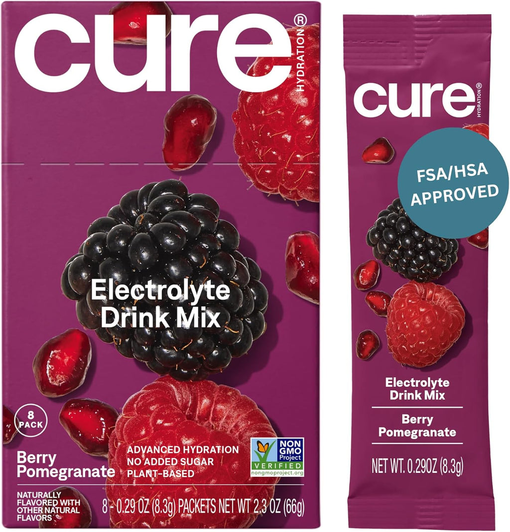 | Plant-Based Electrolyte Drink Mix | No Added Sugar | FSA-HSA | Dehydration Relief Powder Made with Coconut Water | Non-Gmo | Vegan | Box of 8 Packets - Berry Pomegranate