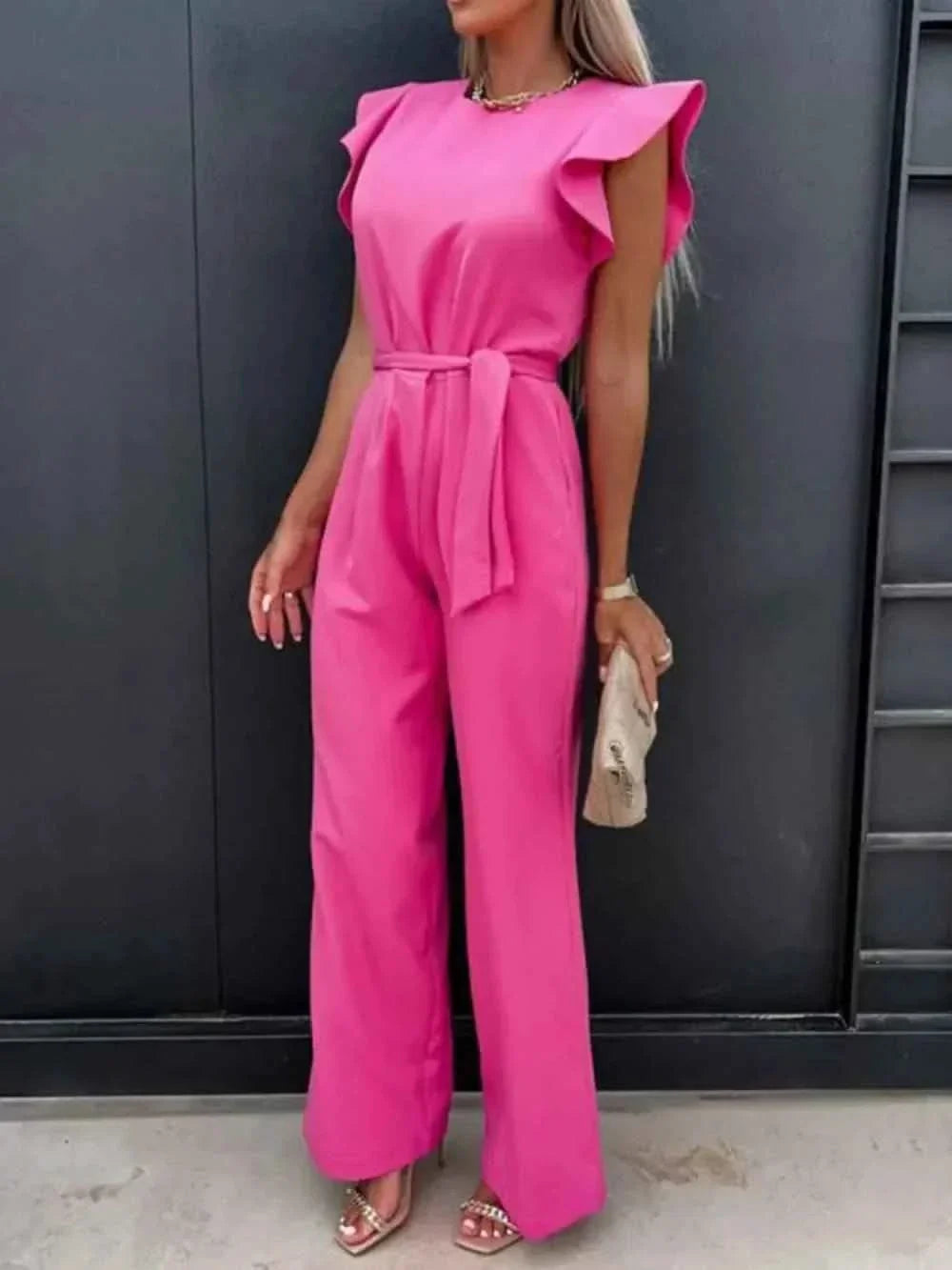Ruffled Round Neck : Cap Sleeve Jumpsuit
