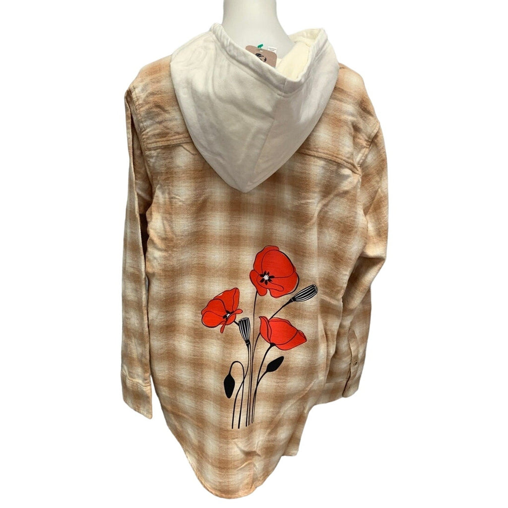 New Hand Printed Womens XXL Red Poppy Flower Long Sleeve Plaid Flannel Hoodie