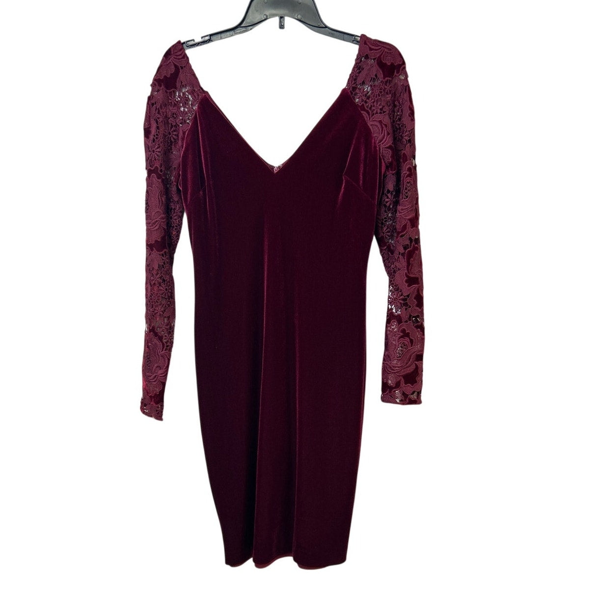Badgley Mischka Size 8 Red Velvet Long Lace Sleeve Knee Length Sheath Dress Gown