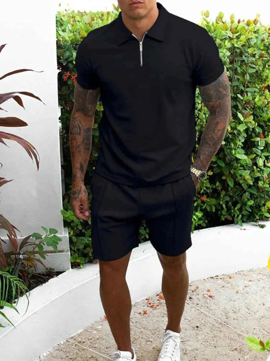 Men's Plus Size Collared Neck Outfits with Full Size Top and Shorts Set