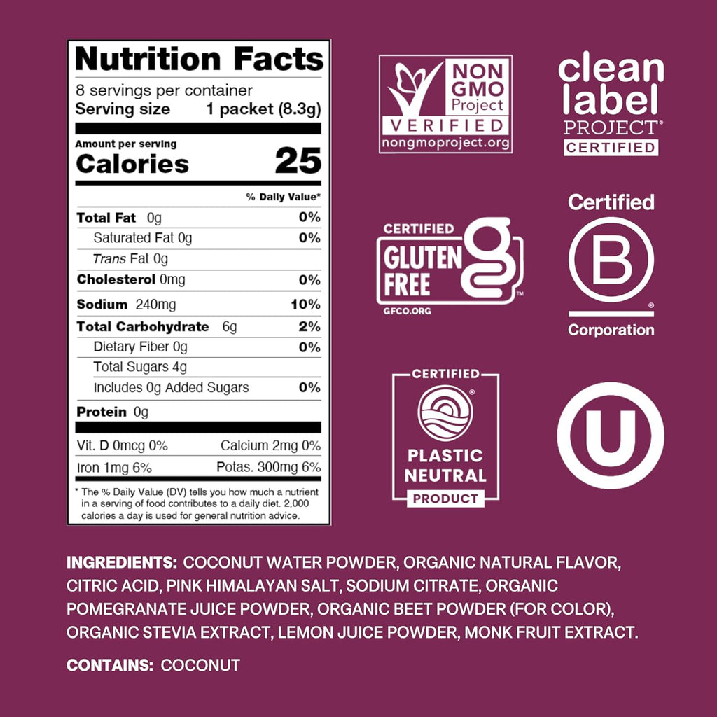 | Plant-Based Electrolyte Drink Mix | No Added Sugar | FSA-HSA | Dehydration Relief Powder Made with Coconut Water | Non-Gmo | Vegan | Box of 8 Packets - Berry Pomegranate