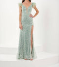 All Over Sequin Feather Trim Gown