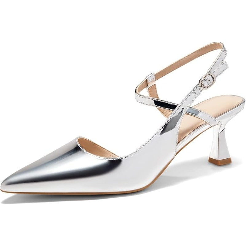 Lnsshee Womens Size 9 Shiny Silver 3" Low Kitten Heel Pointy Toe Slingback Shoes