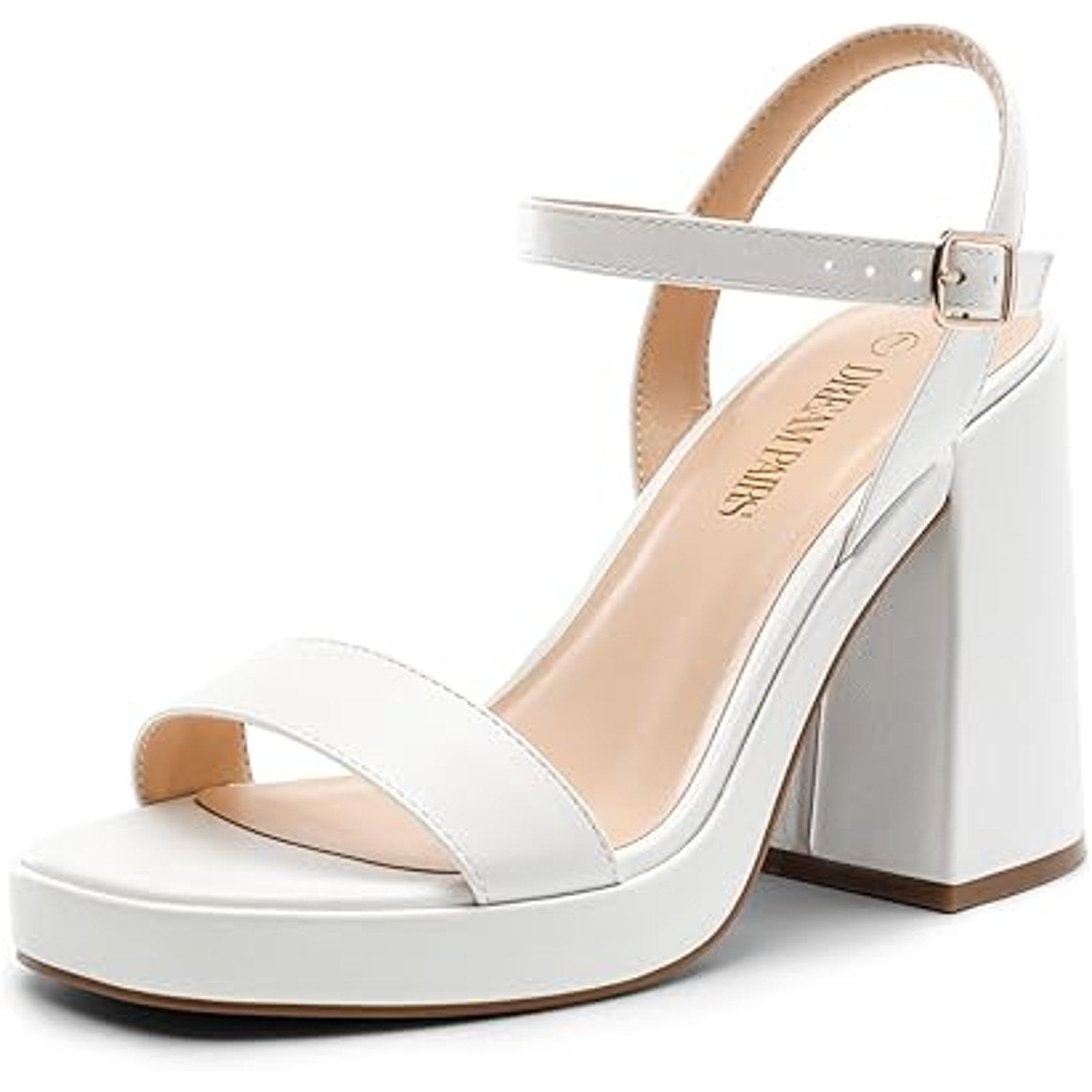 Dream Pairs Women Size 8 White Faux Leather 4.5" Chunky Heel Open Toe Shoes