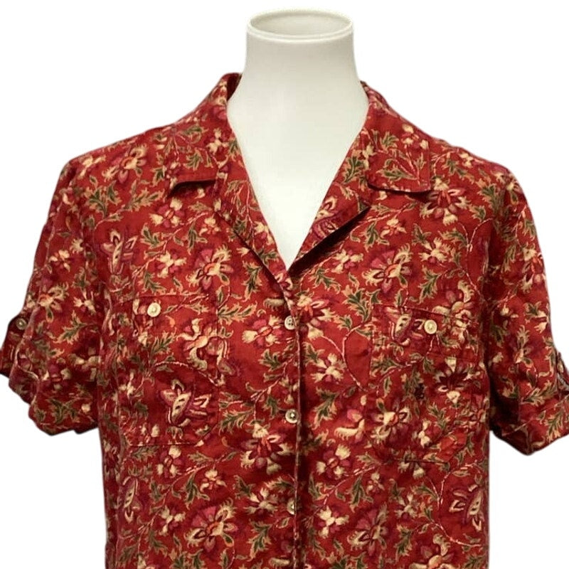 Lauren Ralph Lauren XL 100% Linen Floral Tabbed Short Sleeve Button Down Shirt