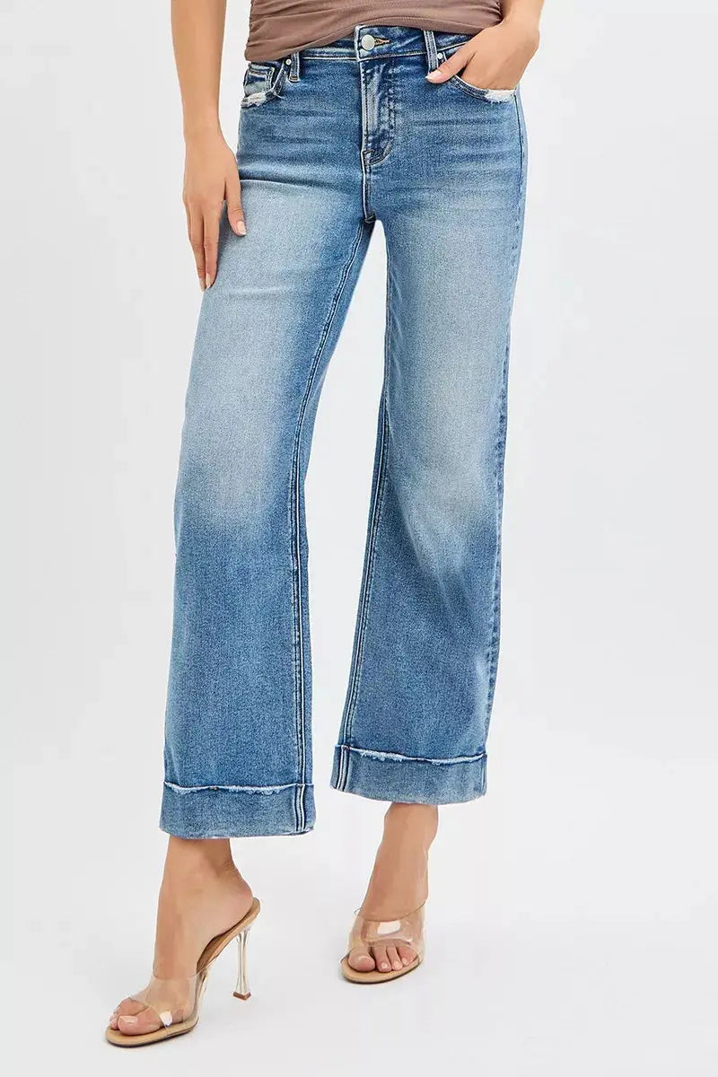 RISEN Jeans - Full Size Mid Rise Crop Straight Jeans with Taylor Cuffed Jeans