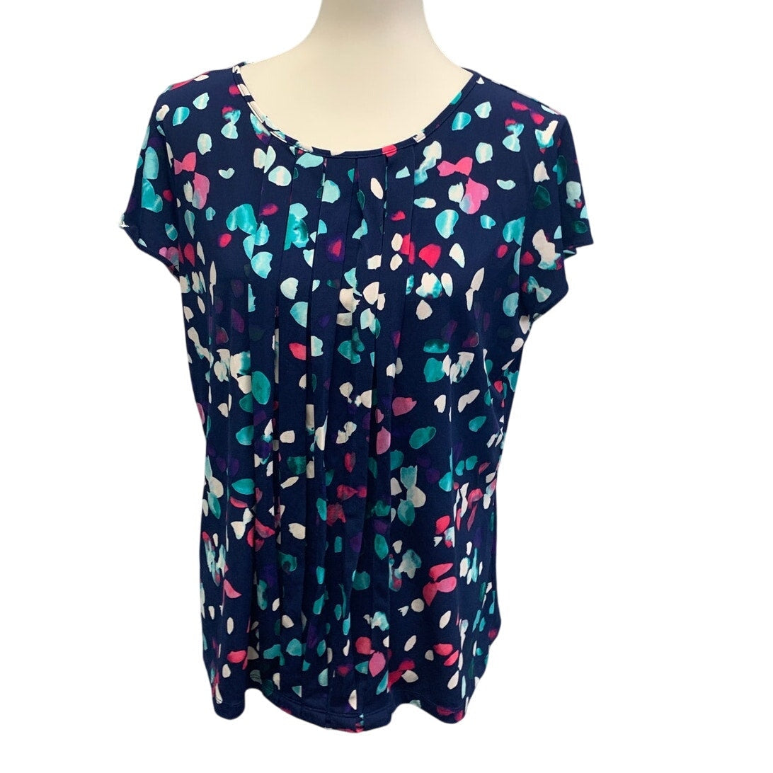 Liz Claiborne Career Womens Large Confetti Dot Short Sleeve Pleated Front Top