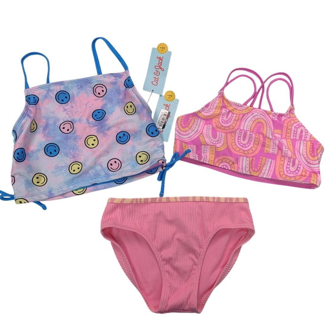 Lot of 3 New Cat & Jack Girls Medium (8) Smiley Rainbow Swim Bikini Tops Bottom