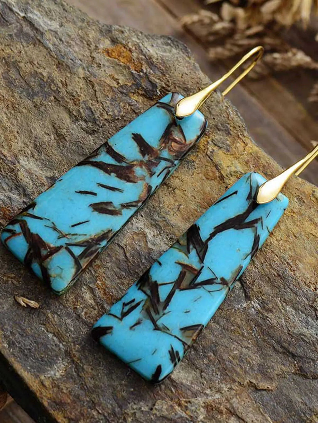 Geometric Imperial Jasper Dangle Earrings - Boho Gold Hooks
