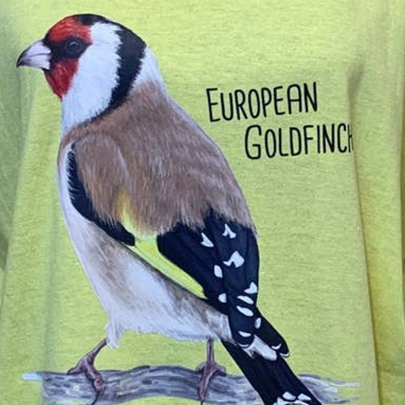 New Hand Printed Mens Large European Goldfinch Ukraine Artisf Fundraiser Tee