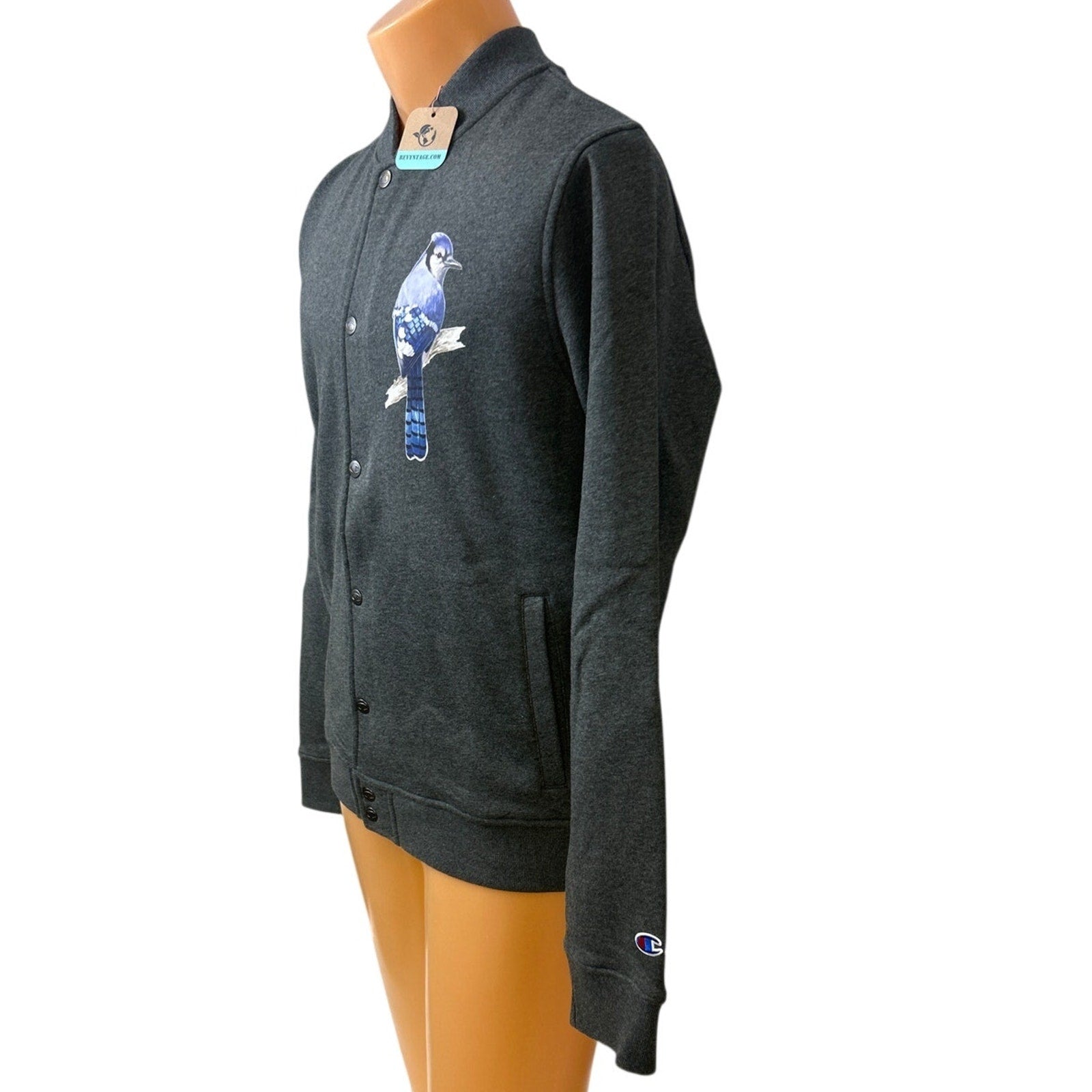 New Champion Mens XL Dark Gray Snap Up Hand Printed Blue Jay Bird Bomber Jacket